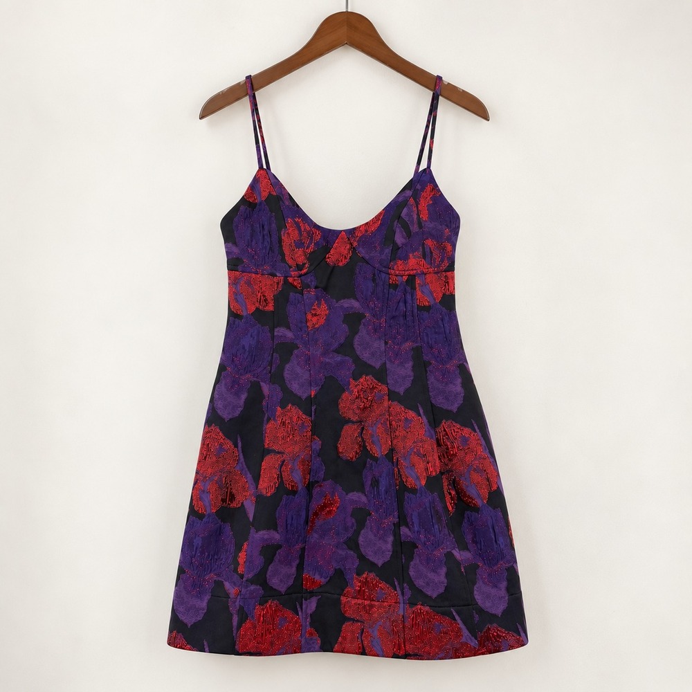 Liv Foster 6 Floral Jacquard Fit & Flare Mini Dress Purple Red Metallic $495